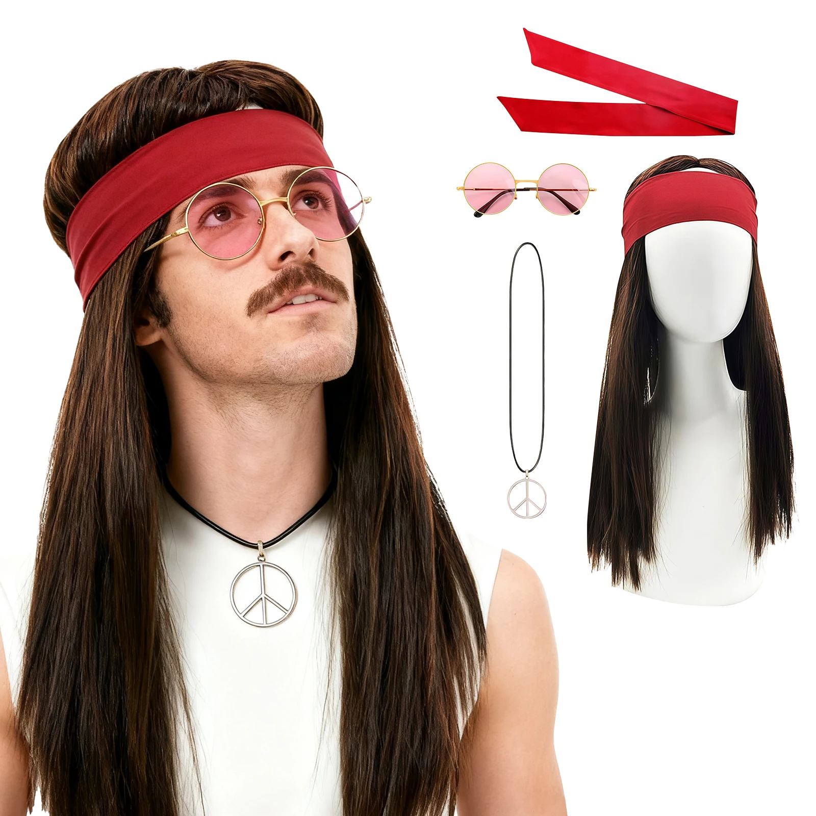 

1980-х годов хиппи рок парик комплект ретро косплей очки повязка на голову Хэллоуин косплей костюм реквизит для вечеринки