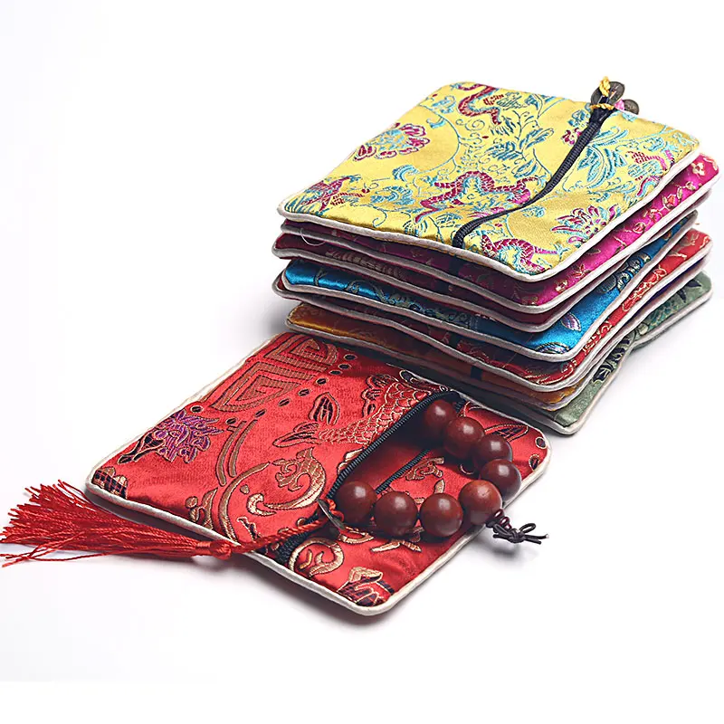 50pcs Custom Zip Purses Bracelet Gift Bags Chinese Silk Brocade Pouches Wholesale Jewelry Packaging