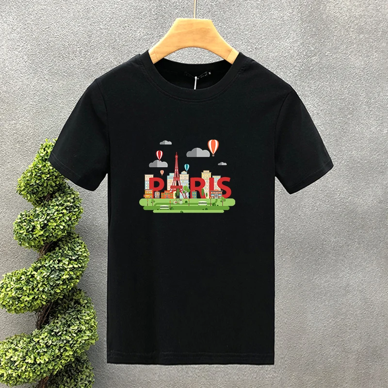 

2026 весна и лето, высококачественные роскошные хлопковые дизайнерские футболки с принтом Парижа, женская футболка с коротким рукавом в стиле Харадзюку