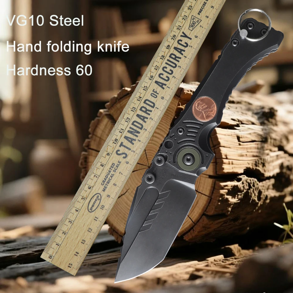 Heavy-duty folding knife, titanium alloy handle, camping survival knife, ideal outdoor knife made of VG10 steel.