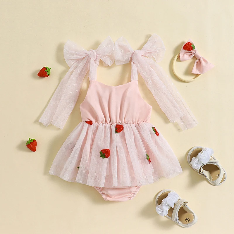 

Baby Girl Summer Jumpsuit Casual Tie Strap Strawberry Embroidery Dot Print Mesh Bodysuits Romper Dress Headband Set Clothes