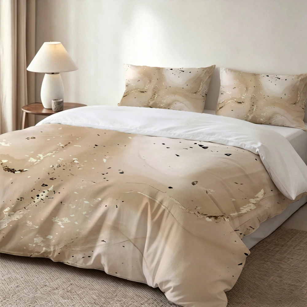 Juego de Ropa de Cama con Estampado Digital de Alta Definición, Diseño Abstracto con Salpicaduras de Tinta en Beige y Dorado, Juego de Funda Nórdica con Estampado Floral Grande, Incluye 1 Funda Nórdica + 2 Fundas de Almohada, Apto para Dormitorio, Habitación de Invitados, Decoración del Hogar, Juego de Tres Piezas de Funda Nórdica y Fundas de Almohada de Fibra de Poliéster, Ropa de Cama Ultrasuave, Tela Gruesa, Apto para Todas las Estaciones, Lavable a Máquina, 3 Piezas
