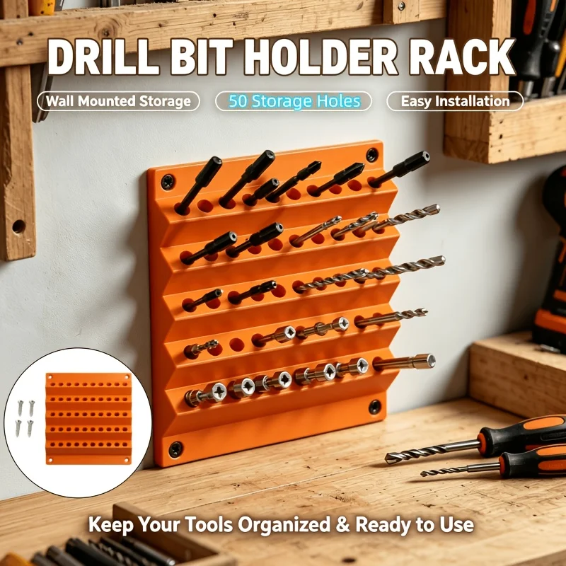 Heavy‑Duty Wall‑Mounted Bit Organizer, 50‑Hole Hexagonal Holder for 6.3mm Bits, Garage Screwdriver Tool Storage Rack, Comes with