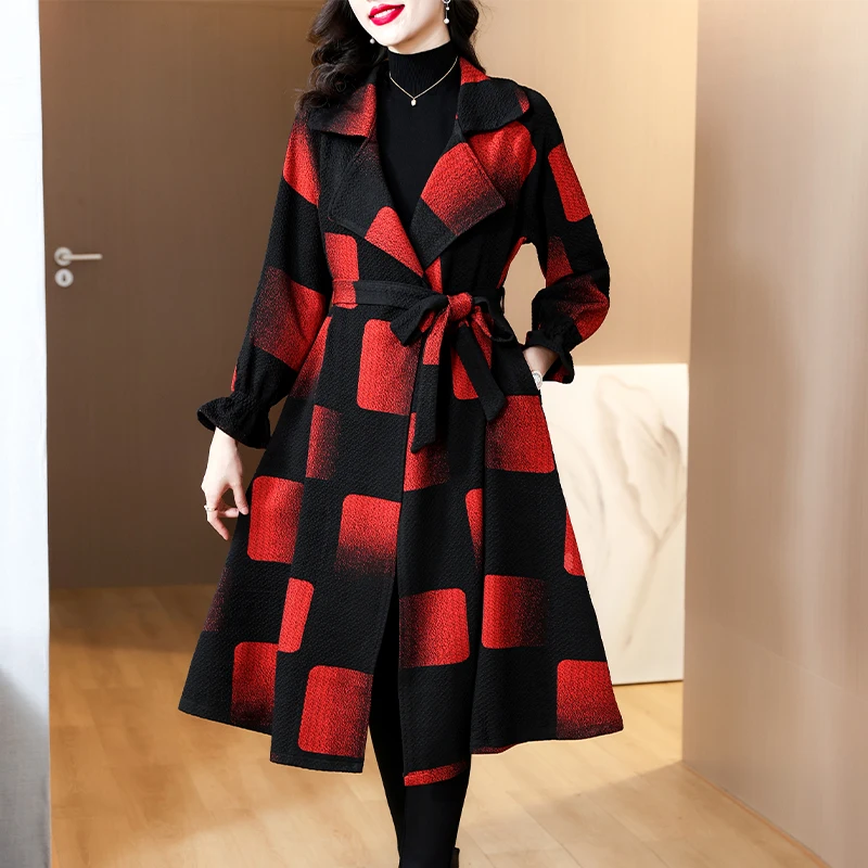 2024 Autumn/Winter New Checker Printed Woolen Coat Coat for Women's Loose Large Printed Waist Belt for Slim and Long Coat