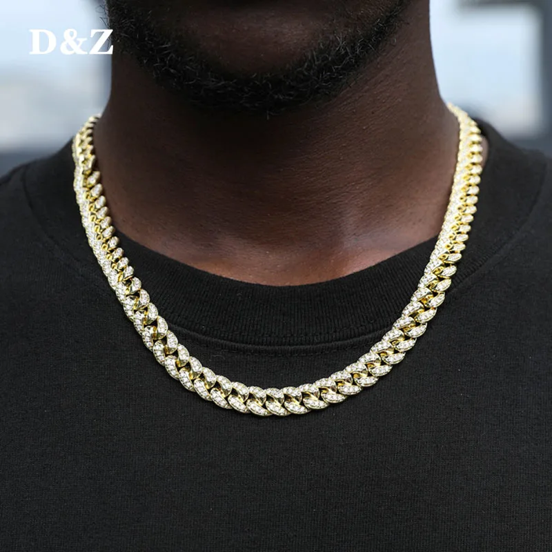 

D&Z 10mm Width Cuban Link Chain Necklace Iced Out Cubic Zircon Stones Spring Buckle Brass Material Hip Hop Jewelry Gift For Man