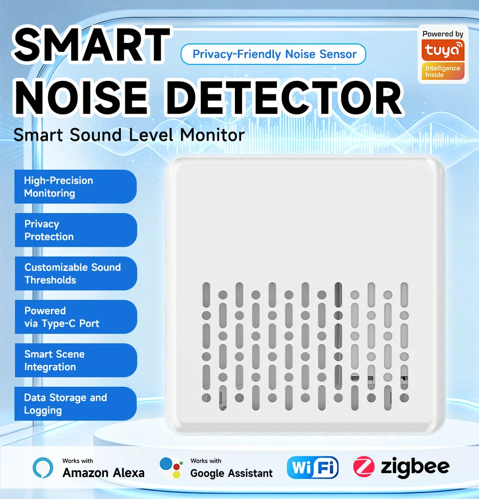 Tuya Smart Noise Detector WiFi/Zigbee 3.0 Sound Level Monitor 0-120dB, App Push Alert, Alexa Google Home, for Baby Pet Home