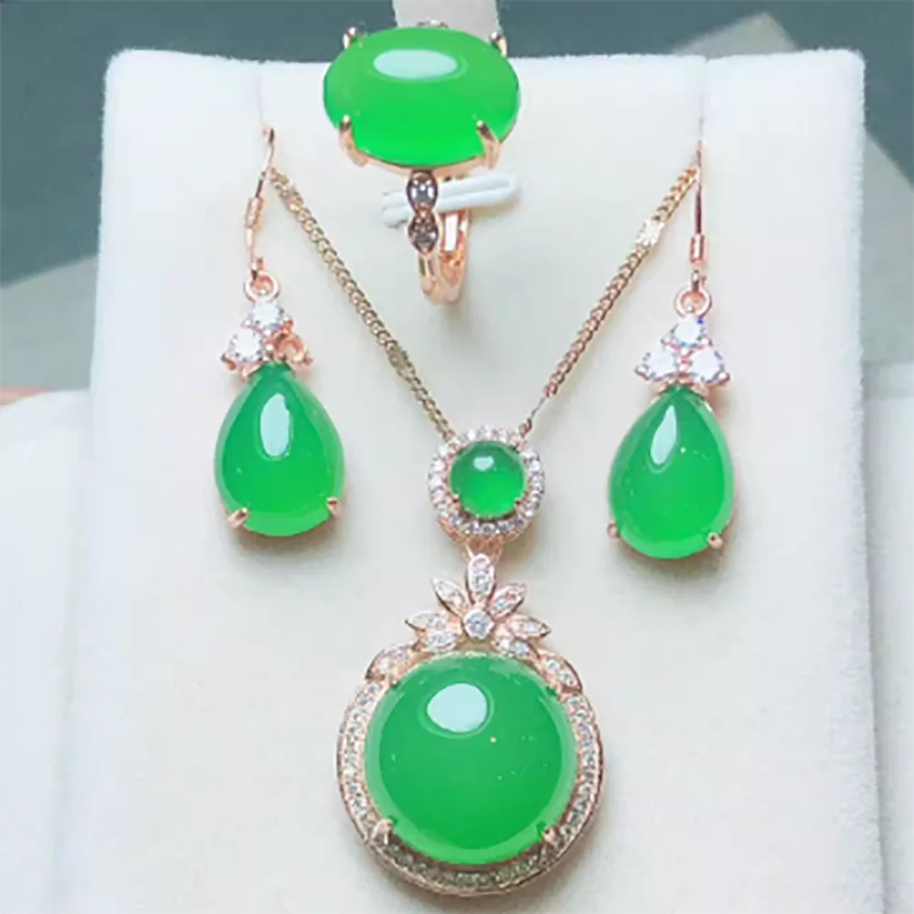 

Natural Green Jade Marrow Yang Green Jade Pendant Ring Earring Set