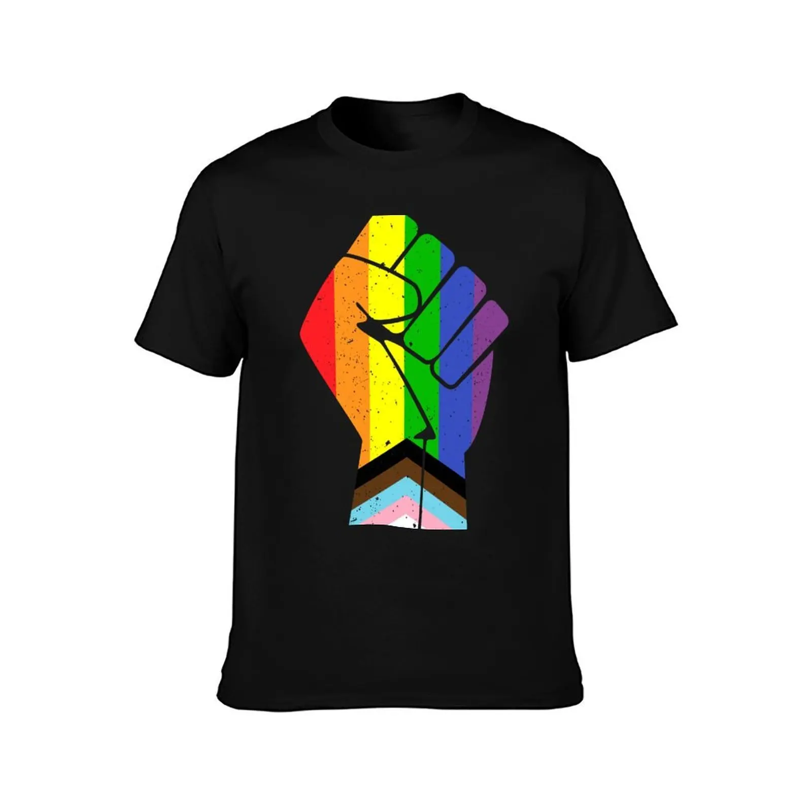 LGBT (Progress) Pride Flag with raised fist T-Shirt Summer Print Short Sleeve Tee T-Shirt