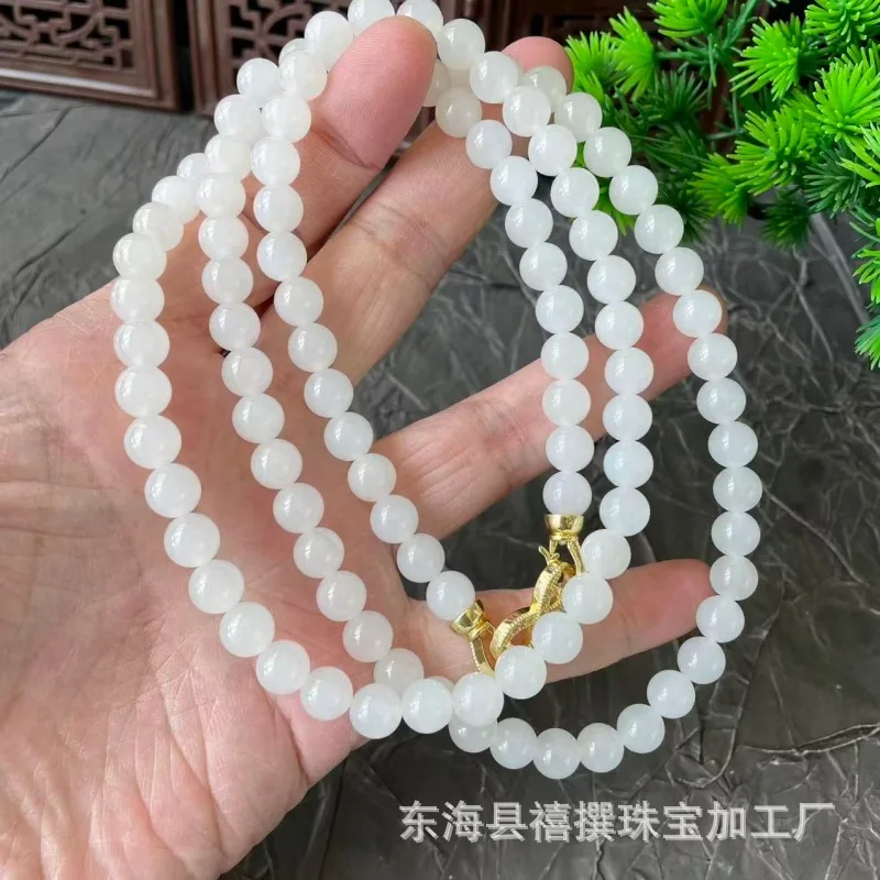 Natural Hetian Fine Qinghai Material Transparent Delicate White Jade 8Mm Round Bead Long Chain Necklace Mothers