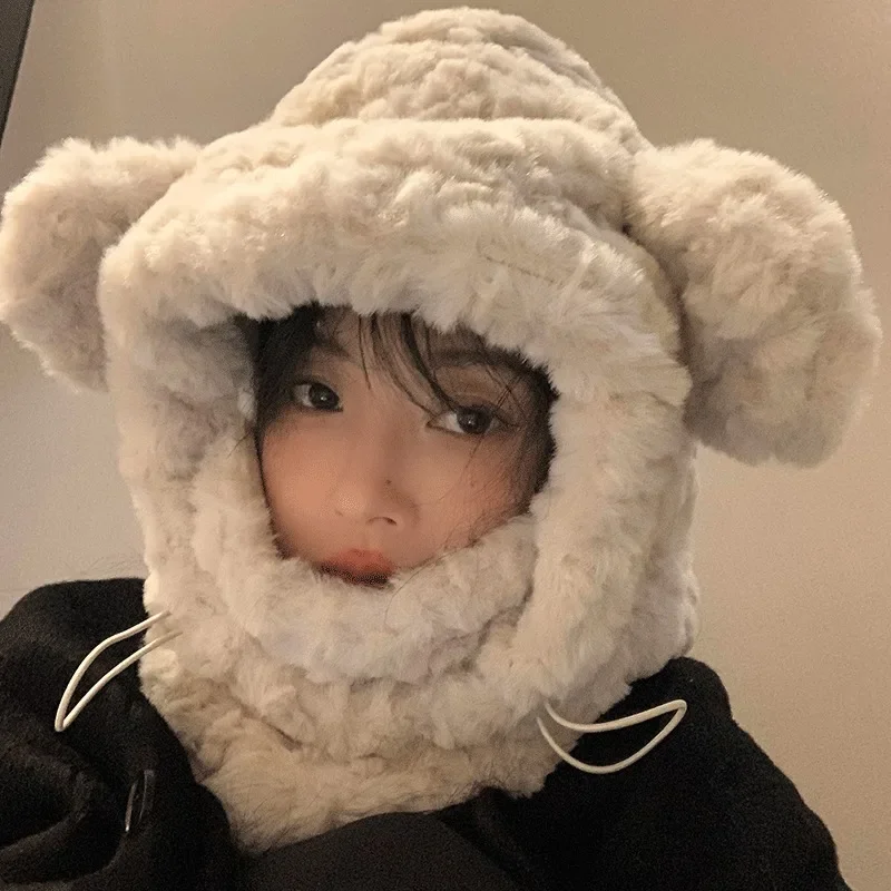 Kawaii urso orelha gorro cachecol de uma peça inverno quente engrossar chapéu à prova de vento cachecóis conjunto com capuz boné de proteção de orelha para mulheres meninas