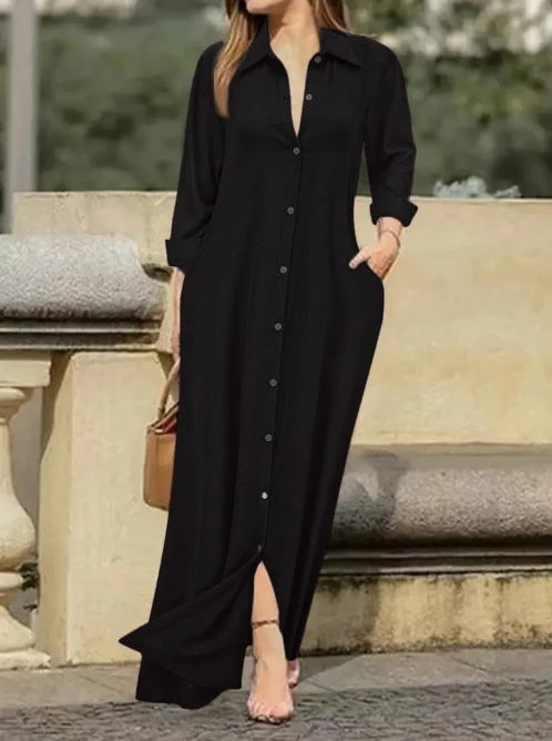 Elegant and fashionable solid color button lapel long shirt dress for women, autumn/winter 2025 new item