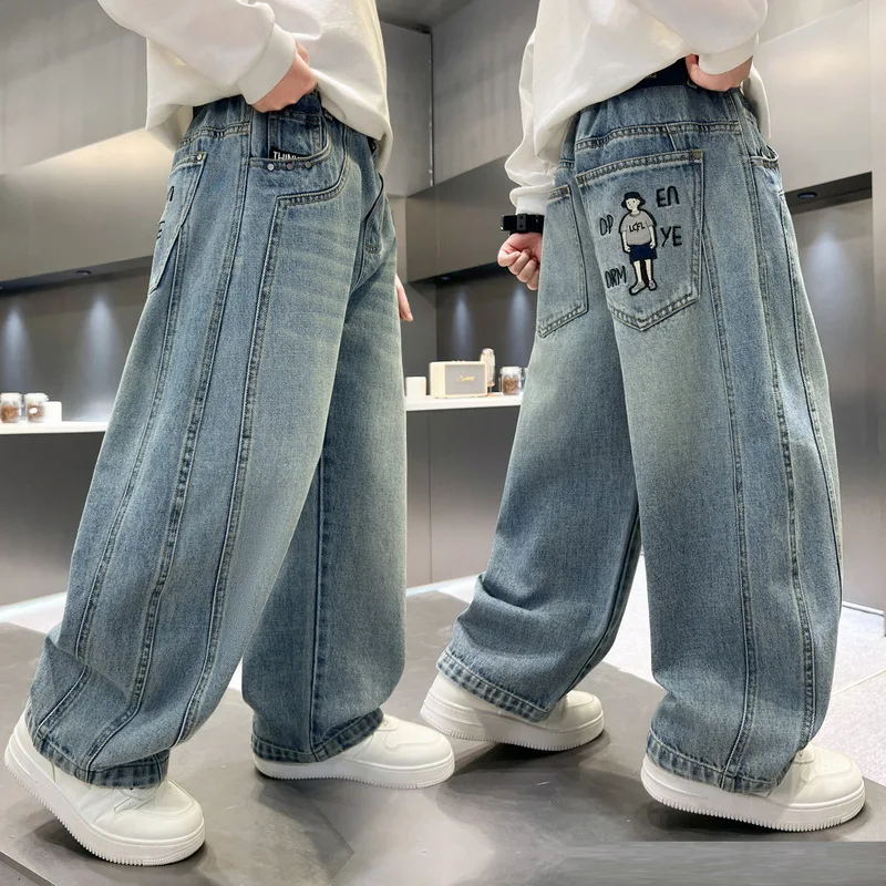 Teen Boys Jeans with Cartoon Pattern Spring Fall Children's Trousers Loose Fashion Ripped Korean Kids Casual Denim Pants 5-14 Y