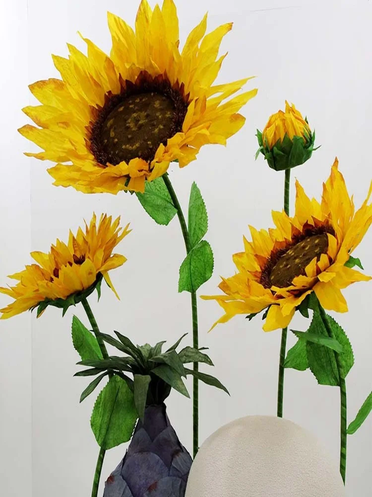 3 Stück Hochzeitsbühnendekorationen, handgefertigte künstliche Sonnenblumen aus Papierseide, große Kunststoff-Sonnenblumen mit Riesenkopf – Detail 4