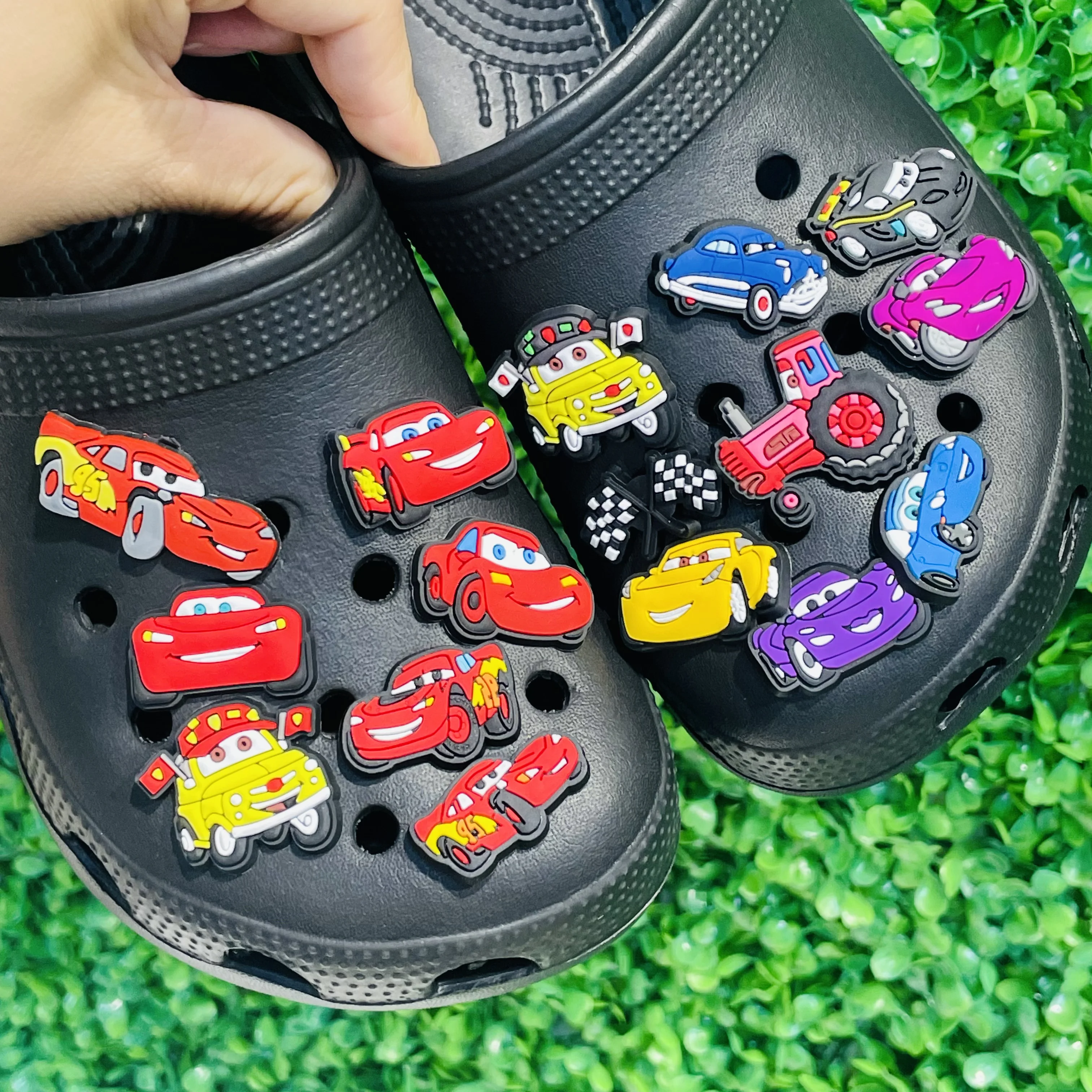 Hot Sales 1-36pcs Cars Lightning McQueen Shoes Charms Accessories Miniso Boys Girls Bracelet Ornament Fit Birthday Gifts