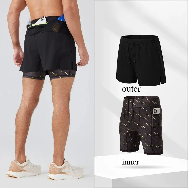 Marathon Running Shorts Male Shorts for Man Fitness Clothing Summer Double Deck 2pcs Workout Racing Training Men Gym Sportswear