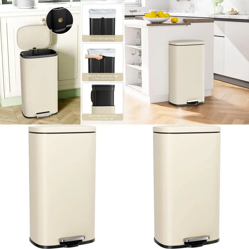 

13.2 Gallon Stainless Steel Step Trash Can with Removable Inner Bucket, Touch-Proof, Suitable for Kitchen (Beige, 30L)