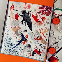 30% Silk 70%Cashmere Scarf Women Hand Rolled Animals Printed Long Scarves Wraps Bandana Big Shawls Hijabs Female Foulards