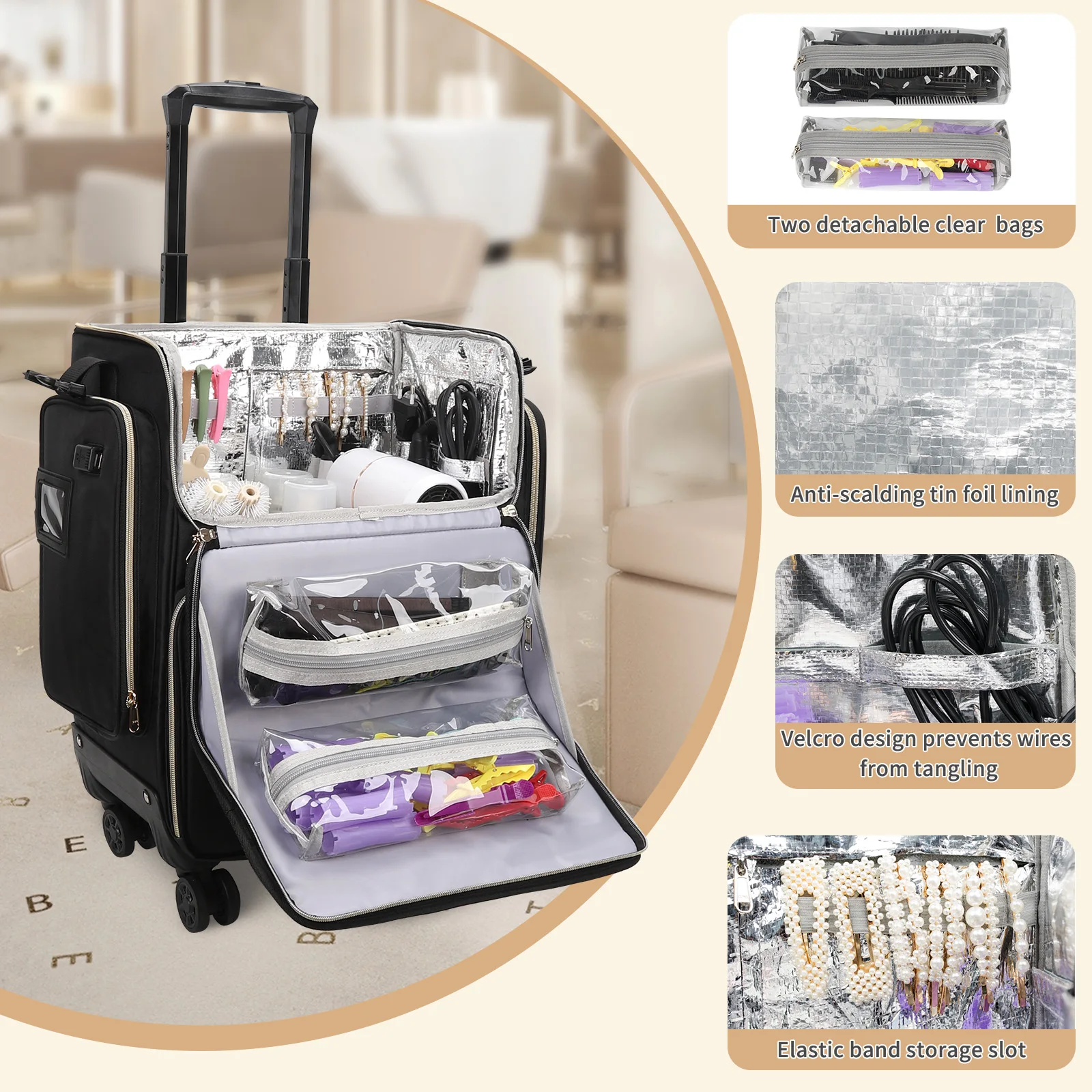 hairstylist suitcase with rotatable wheels hairstylist bag with removable pouch heat insulation haircut tool