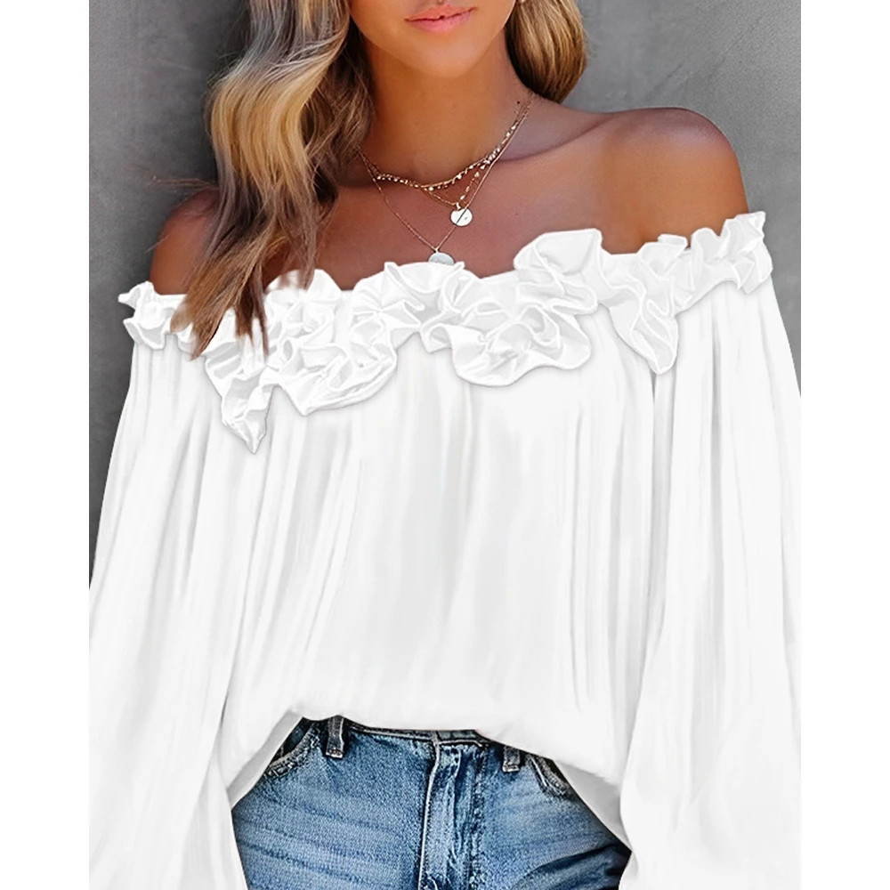Women's Fashion Ruffle Hem Lantern Sleeve Off Shoulder for Women Casual Long Sleeve Pink Blouse Femme Elegant y2k Tops Summer