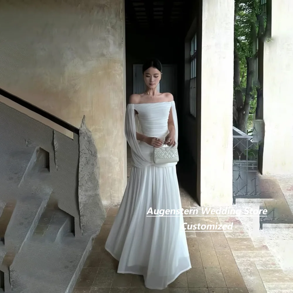 Customized White Off Shoulder Chiffon A Line Evening Dresses Draped Sleeve Boat Neck Floor Length Formal Wedding Evening Gown