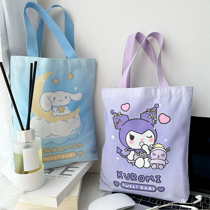 Kawaii Sanrio Hello Kitty Canvas Bag Pochacco Kuromi Cinnamoroll Handbag Large Capacity Shopping Bags Storage Bag