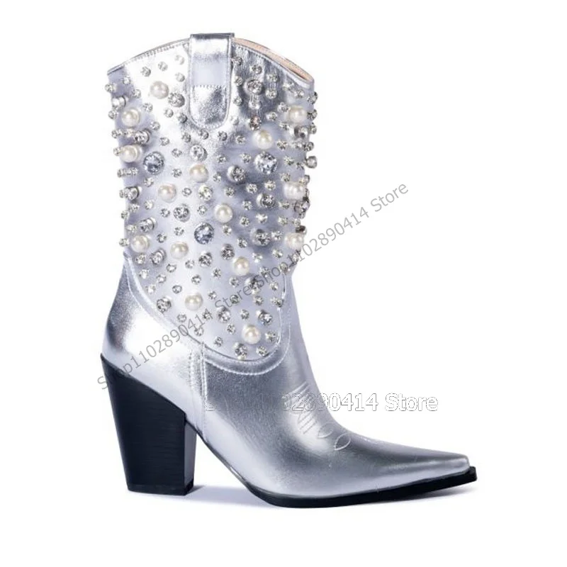 Silver Pearl Crystal Decor Mid Calf Pointed Toe Boots Slip On Women Shoes Chunky Heels Fashion Runway 2023 Zapatos Para Mujere