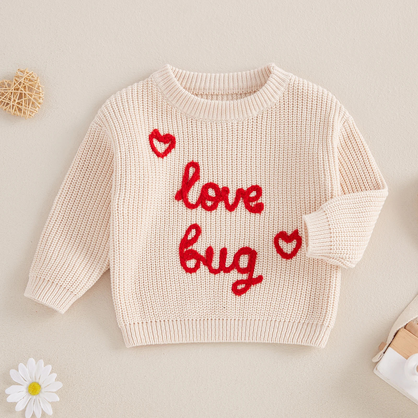 Tregren Baby Valentine’s Day Sweaters Long Sleeve Round Neck Letter Embroidery Pullover Infant Fall Tops Pullovers Infant Jumper