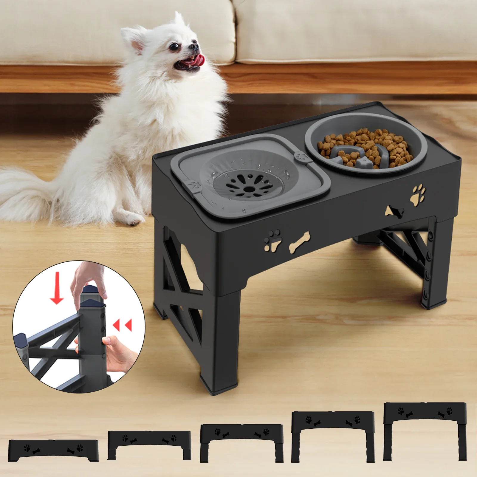 

NEW 3 In 1 Pet Feeder Slow Feed Bowls Double Bowls Foldable With 5 Adjustable Height Suitable For Pets Of Different Heights