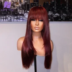 Bungundy Kleur Zijdeachtige Rechte Pruik Met Pony Pony Voor Vrouwen Remy Braziliaanse # 99J Volledige Machine Menselijk Haar O Nep hoofdhuid Dikke End