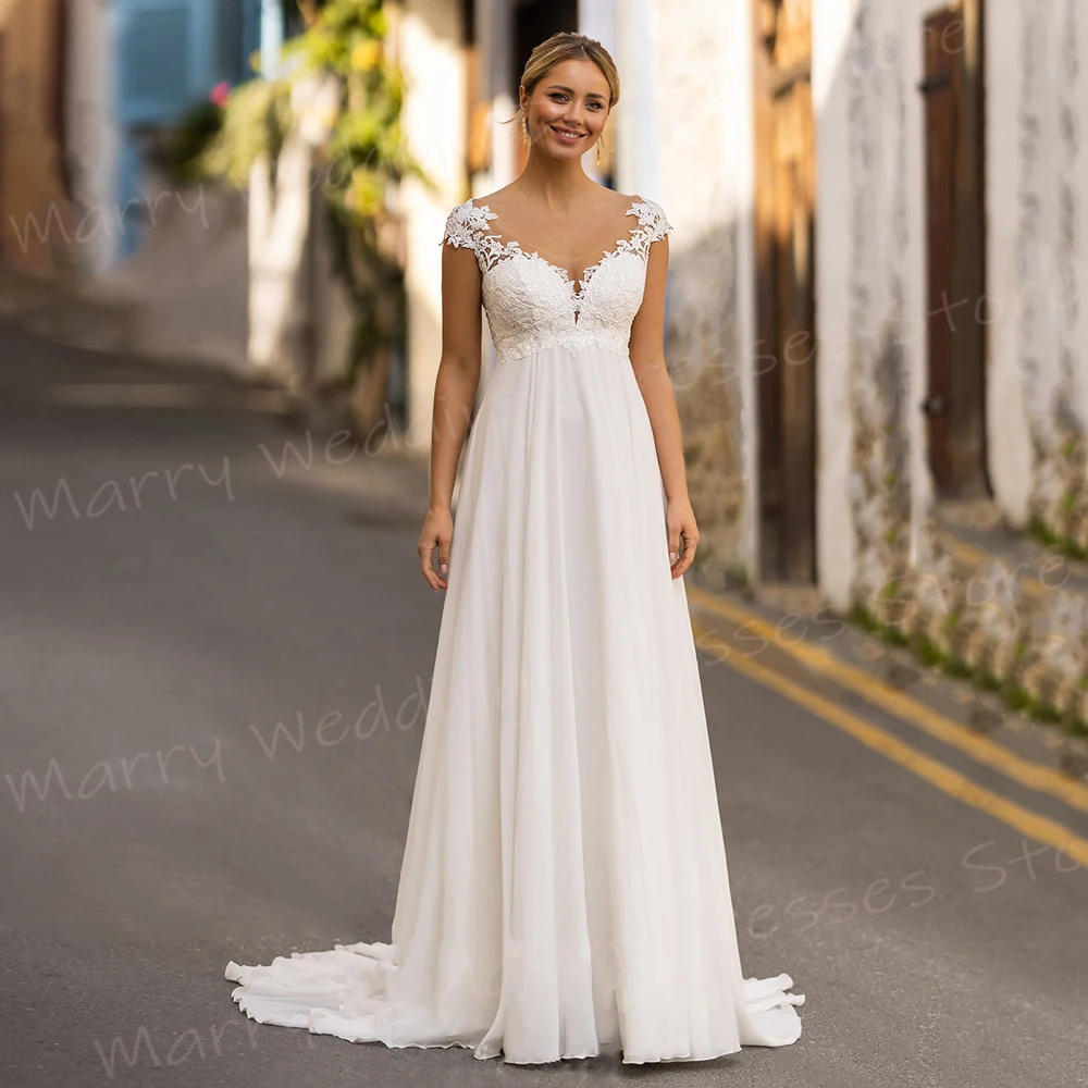 

Popular Charming A Line Women's Wedding Dresses V Neck Lace Appliques Bride Gowns Graceful Cap Sleeve Button Vestidos De Novia