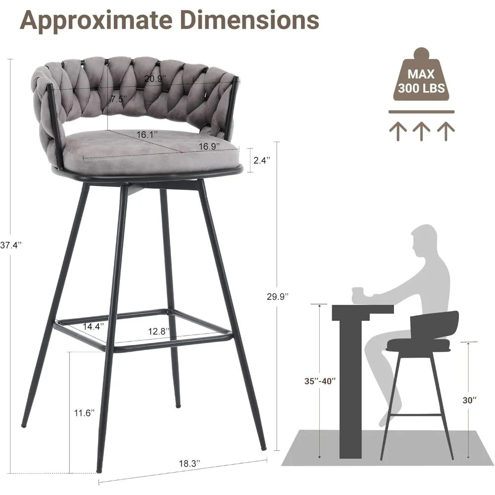 Barstools Bar Height, 360°Swivel Bar Stools Stool Chair Suede Fabric Modern Woven Design Bar Chairs