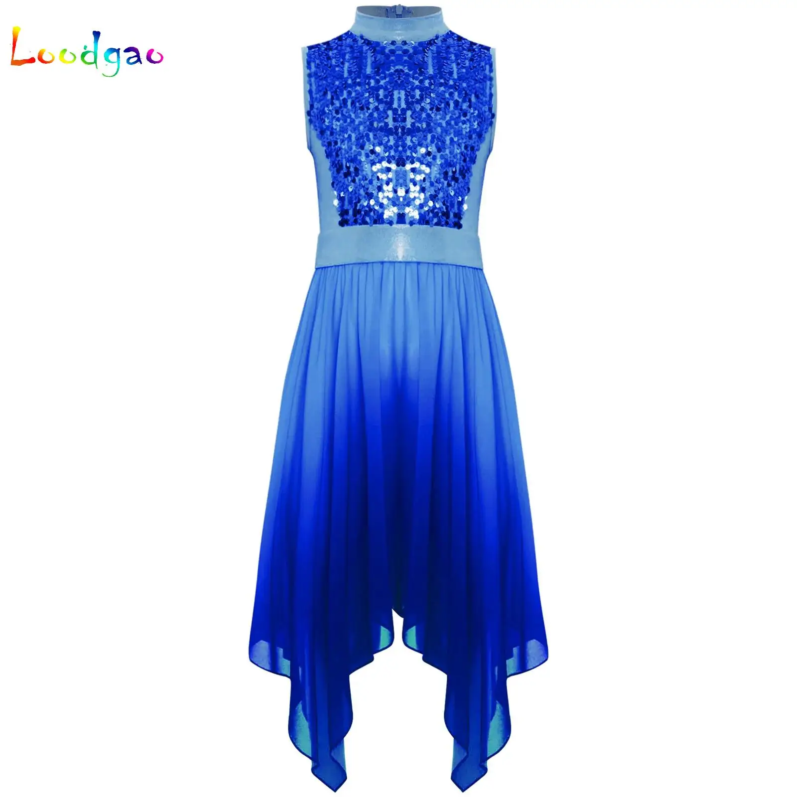 

Kids Girls Lyrical Modern Dance Dress Asymmetric Sequins Ballet Gymnastics Leotard Figure Skating Dancewear Performance Dresses