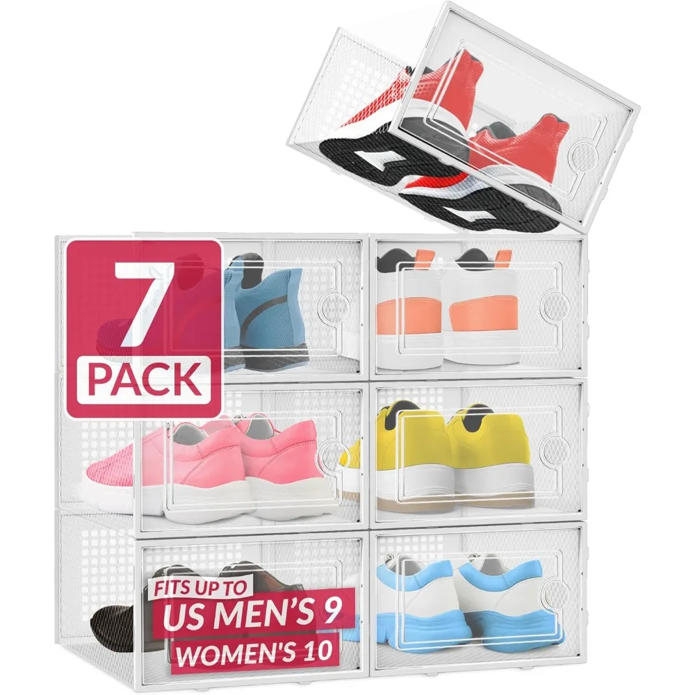 

Shoe Boxes (7 Pack) | Clear Shoe Storage Boxes Stackable and Compact | Lightweight Plastic Storage Box with Ventilation Ho