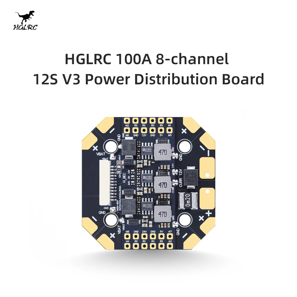 HGLRC 100A 8‑Way 12S V3 PDB Power Distribution Board,GH1.25 Connector Onboard 24V 12V 5V 2A BEC for FPV Quad