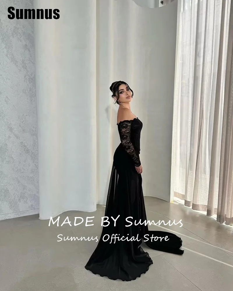 SUMNUS-Robe Sirène Noire en Satin et Dentelle, Tenue de Soirée Élégante, Longueur au Sol, Fente Latérale, Personnalisée