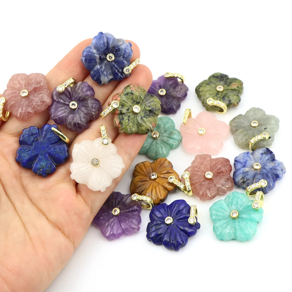 

25mm Peach Blossom Flowers Plant Series Natural Stone Crystal Carved Pendant Reiki Gemstone DIY Making Handicrafts Jewelry Gift
