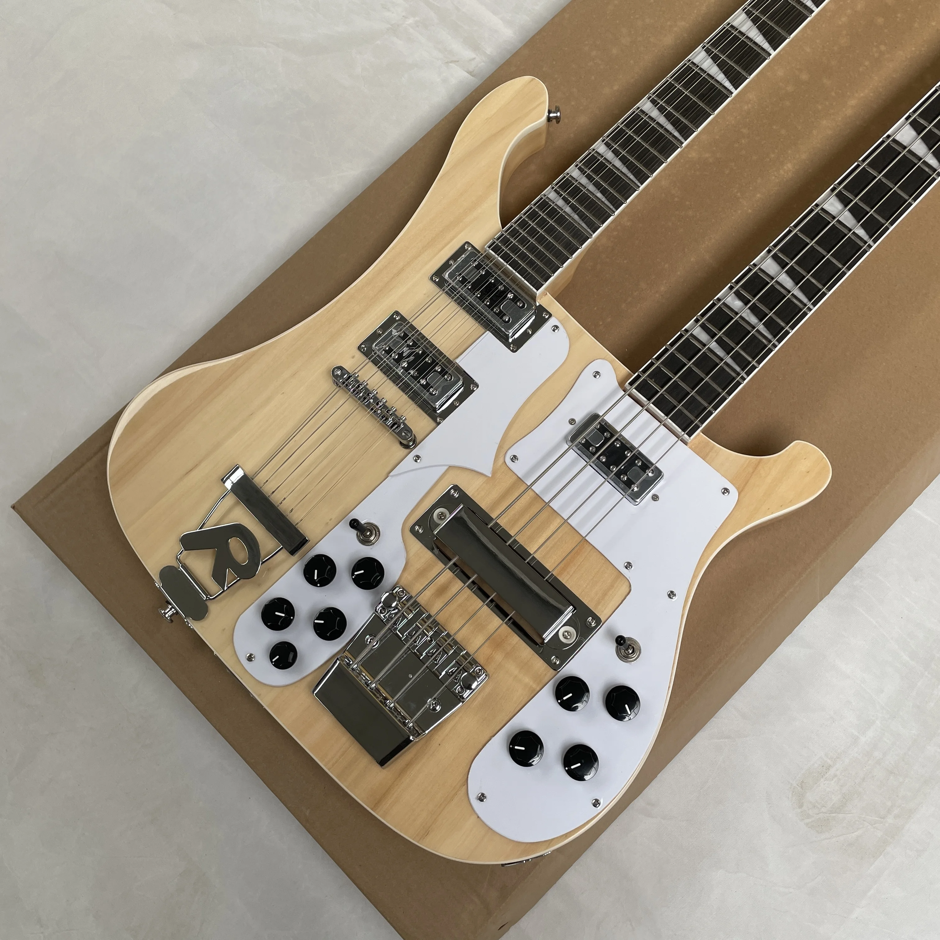 

Natural wood color double head 12+4 electric bass guitar,white pickguard,rosewood fingerboard guitars,professional rock guitarra