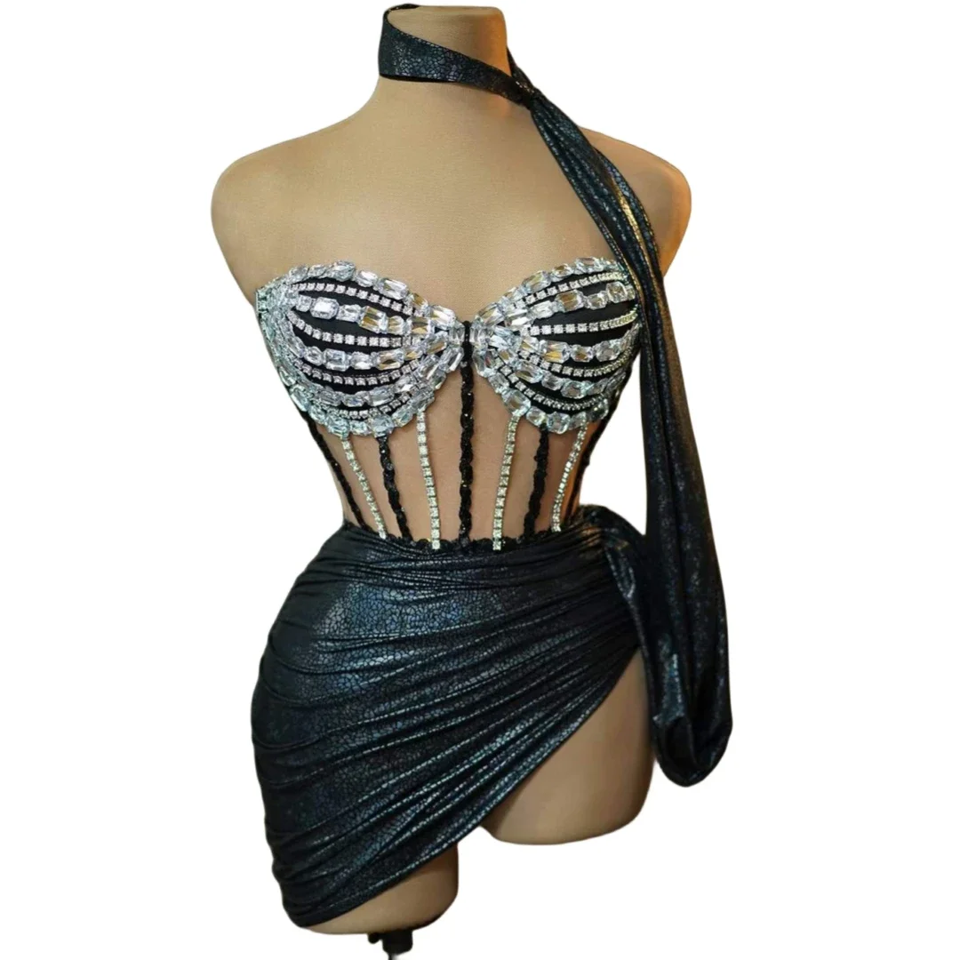 

Stunning Black Women Dress 2 Pcs Set Top And Skirts Ballroom Party Nightclub Stage Wear Las Vegas Show Sequins Rhinestone Outfit