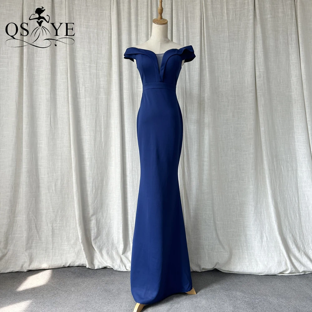 

Off Shoulder Navy Satin Evening Dresses Stretchy Mermaid Long Prom Gown Side Sleeves Lapel V neck Fit Elegant Simple Party Dress