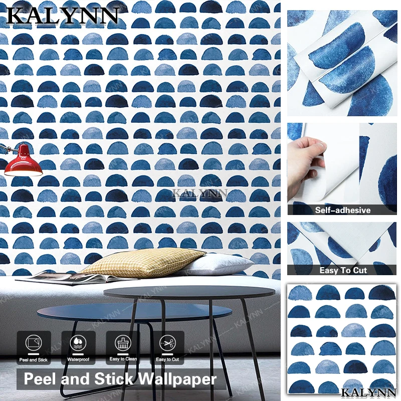KALYNN Peel and Stick Wallpaper Blue White Watercolor Scallop Pattern Self Adhesive Removable Waterproof Wall Decal for Living R
