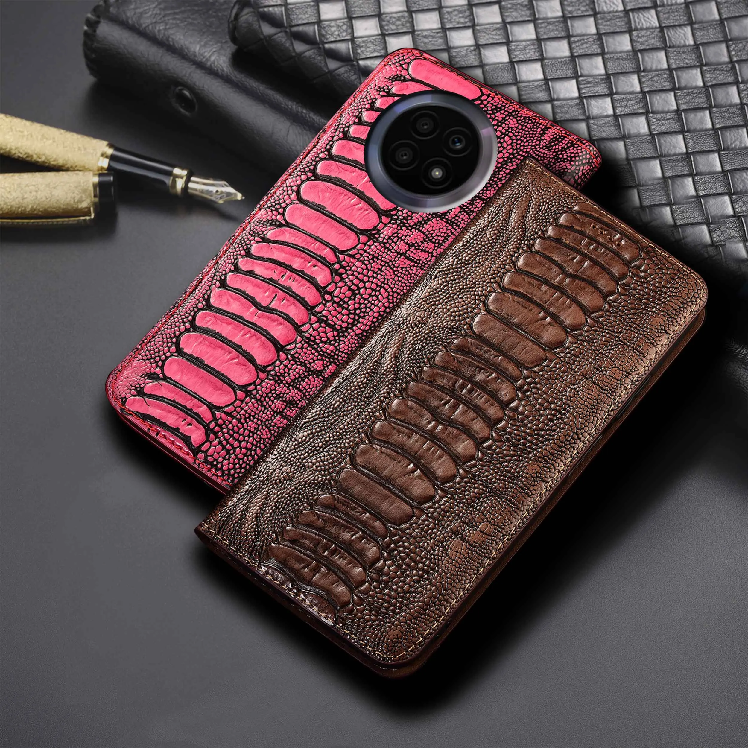 For Honor 8X 9X X10 X20 Pro SE Max Ostrich Feet Pattern Of Genuine Leather Wallet Flip Phone Cover Case Cowhide Scratch-Proof