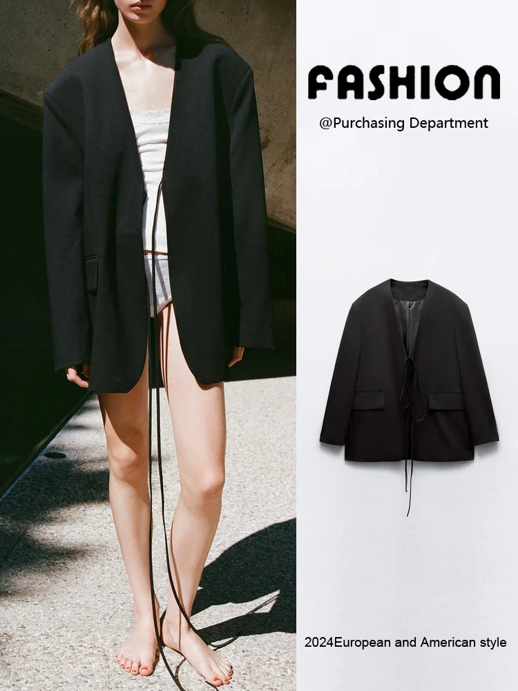 

Elegant Long Sleeve Knot Decorated Loose Suit Jacket New Summer Women's Fashion Outerwear Comfortable Commute Style
