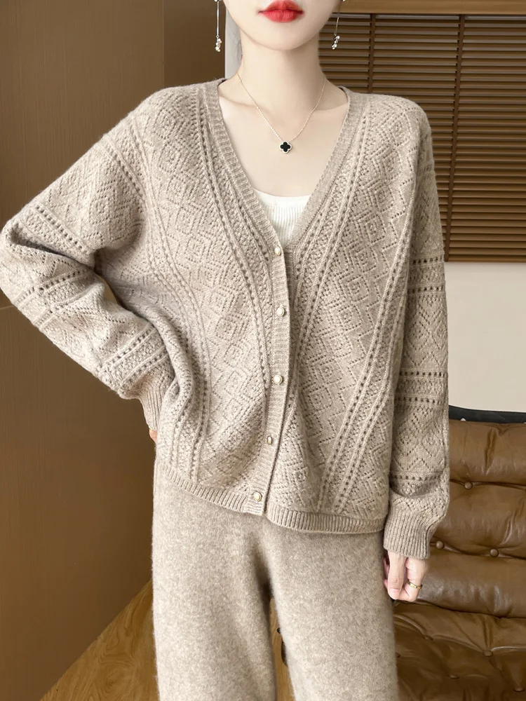 Cardigan 100% laine mérinos pour femme, pull à manches longues, col en v, veste tricotée, ample, doux, grande taille, manteau, automne-hiver