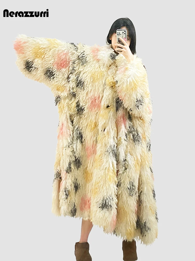 Nerazzurri Winter Long Oversized Colorful Multicolored Shaggy Hairy Warm Faux Fur Coat Women Loose Casual Fluffy Overcoat 2023