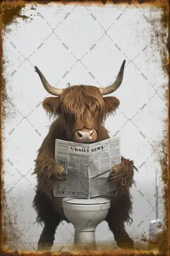 Jenifu Highland Cow Toilet Reading Wall Decor Cow Reading A Newspaper On Toil...