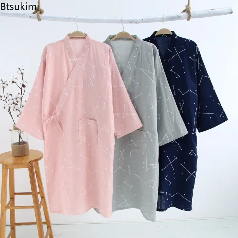 

2025 Women Summer Cotton Soft Kimono Pajama Robes Loose Casual Printed Nightdress Comfort Couple Bathrobes Lounge Home Sleepwear