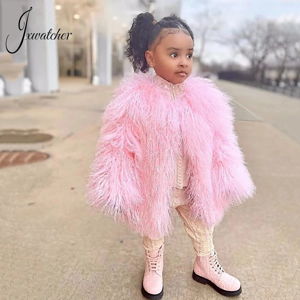 Jxwatcher Real Mongolian Fur Coats for Kids Girl Solid Color Full Sleeves Fluffy Fur Jacket Children Fall Winter Warm Outerwear