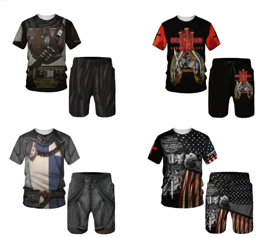 Heraldic Lion T Shirts+Shorts 2PCS Outfits 3D Printed  New Men's Shorts Sets Fashion Oversized Knight Armor Cosplay Clothing