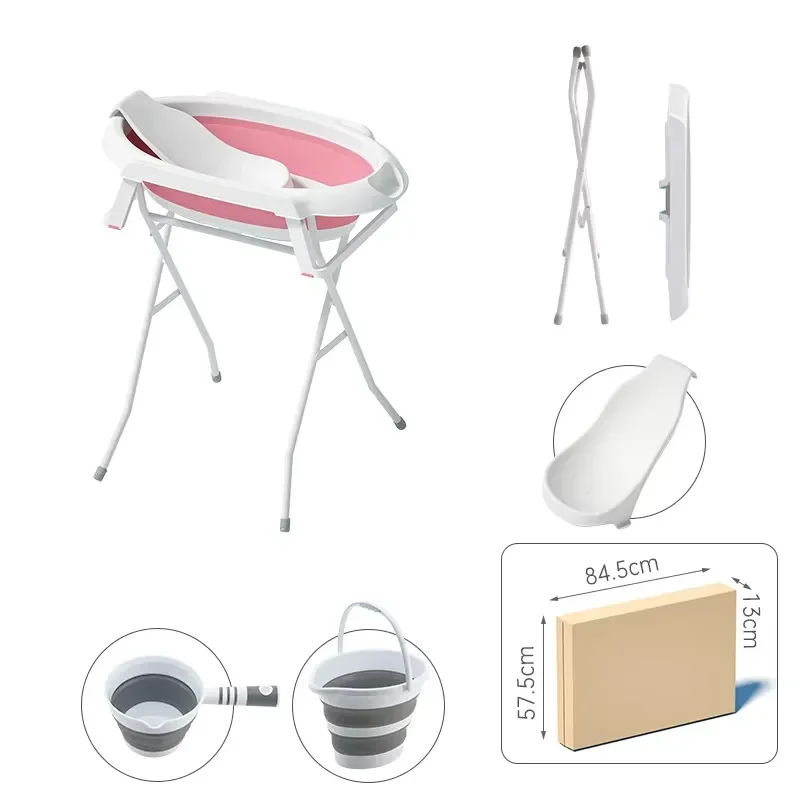 Foldable baby tub with stand, baby bath station care rack, washbasin, bucket and shampoo cup for newborn care