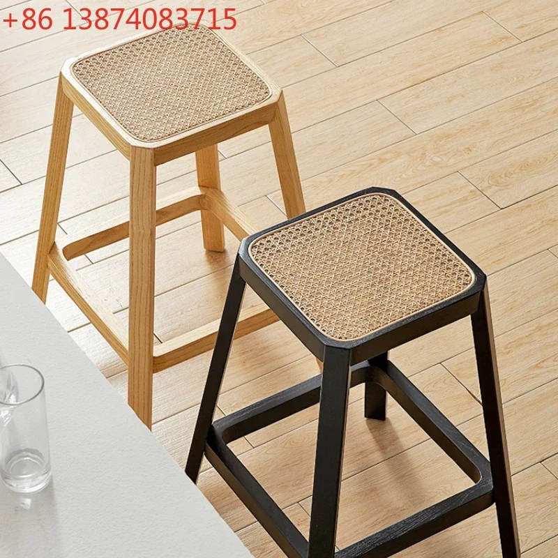 Solid Wood Rattan Low Stool Bar Stool Vintage Bench